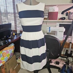 dressbarn Navy and White Striped Midi Dress